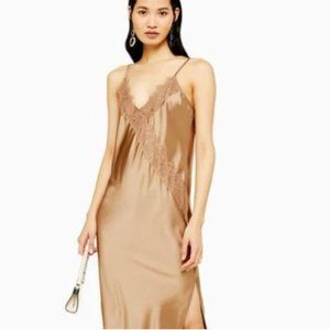 Topshop Bronze Lace Satin Slip Dress